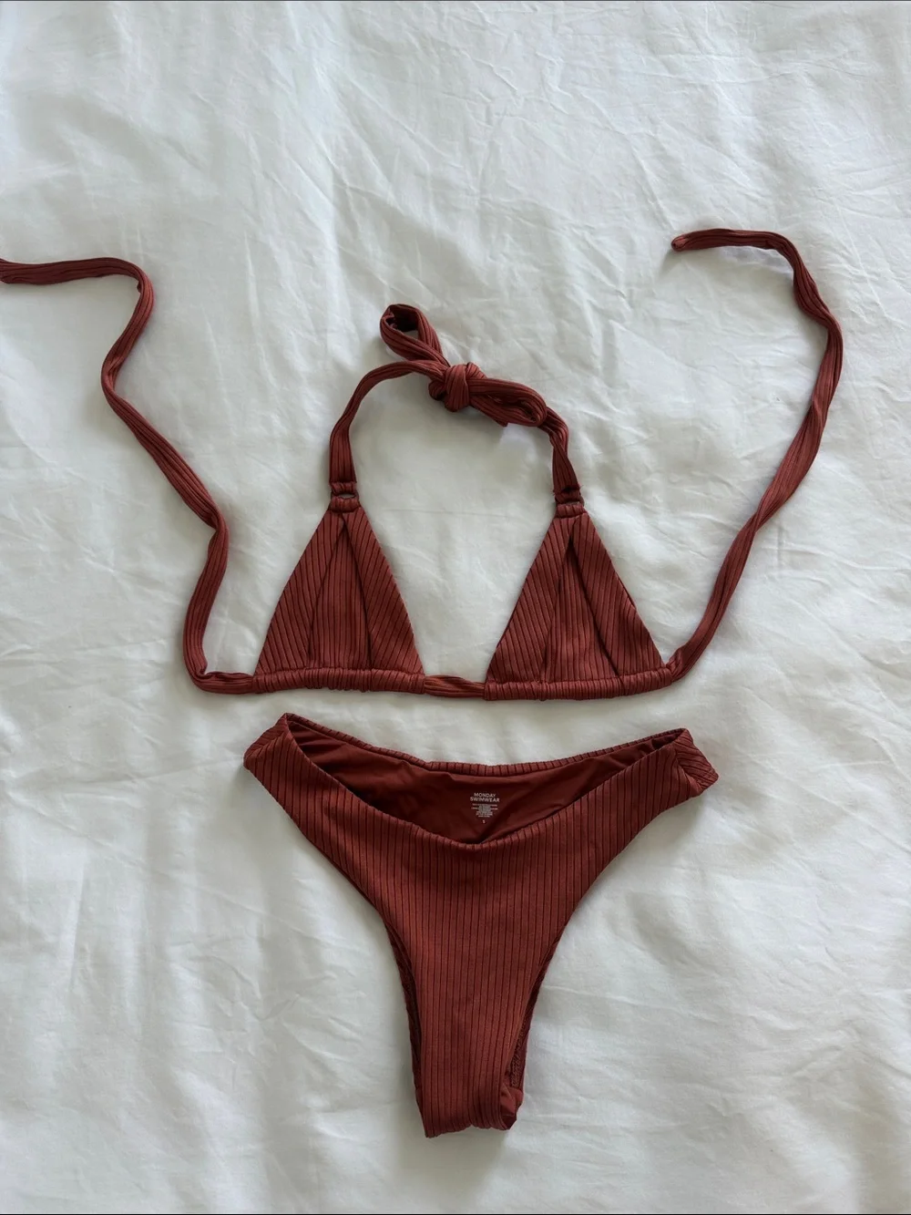 Monday Swimwear Ribbed Triangle Bikini Set - Rust Brown